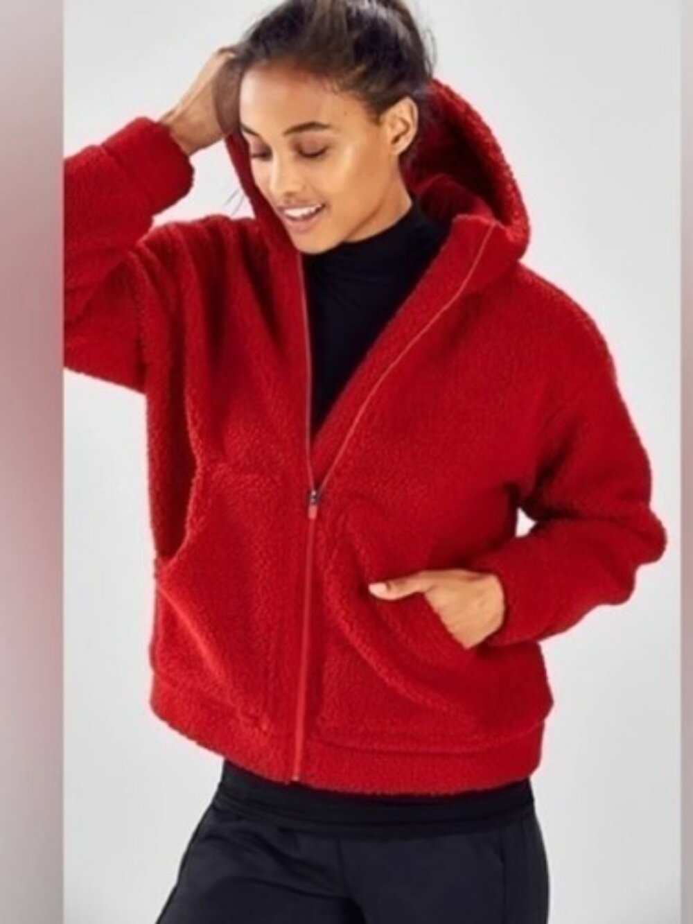 Fabletics Lotta Cocoon Red Sherpa Zip Hoodie Size M